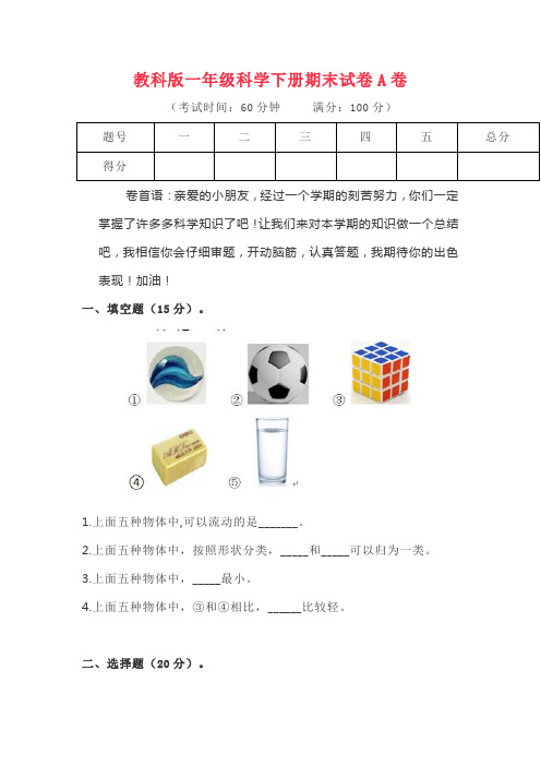 教科版一年级科学下册期末试卷A卷(含答案)