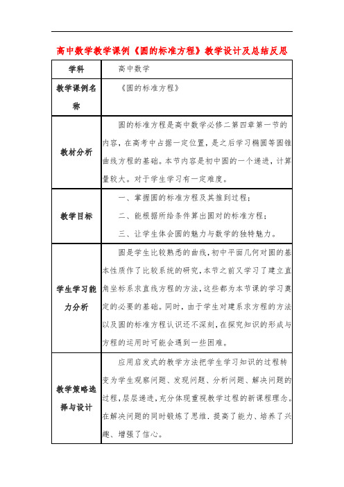 高中数学教学课例《圆的标准方程》课程思政核心素养教学设计及总结反思