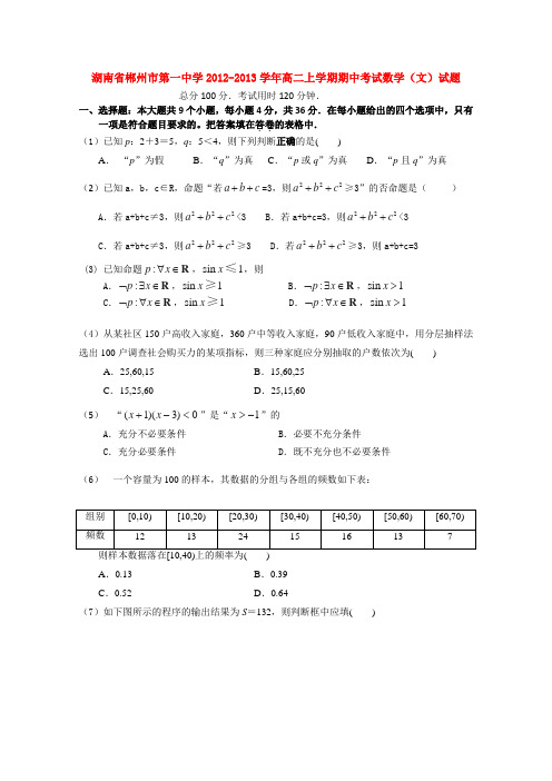 湖南省郴州一中高二数学上学期期中试题 文 试题