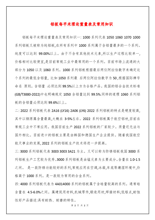 铝板每平米理论重量表及常用知识