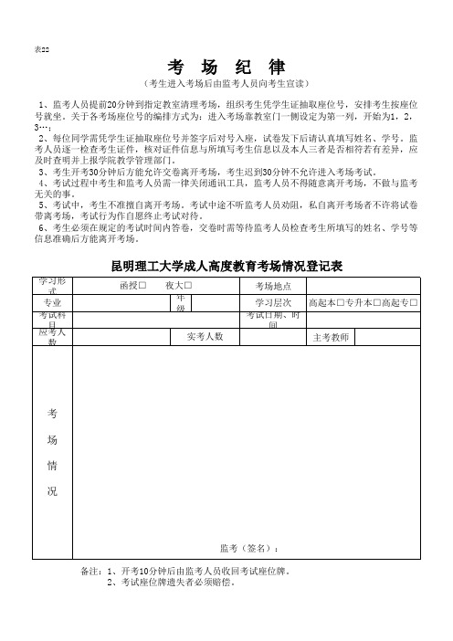(22)昆明理工大学成人高等教育考场情况登记表