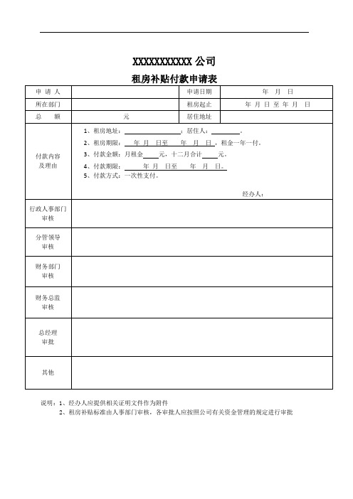 公司员工租房补贴付款申请表模板