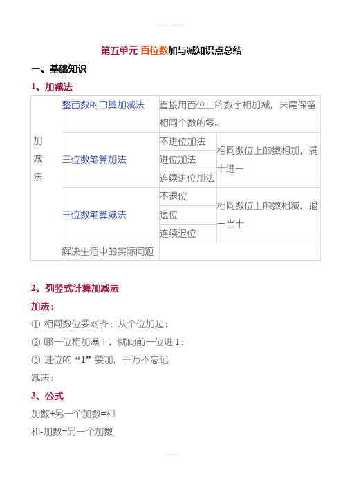 北师大版二年级数学下册第五单元百位数加与减知识点总结