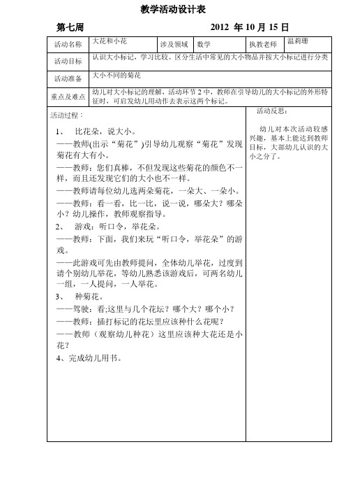 坑头幼儿园2012学年第一学期小三班日计划,第七周