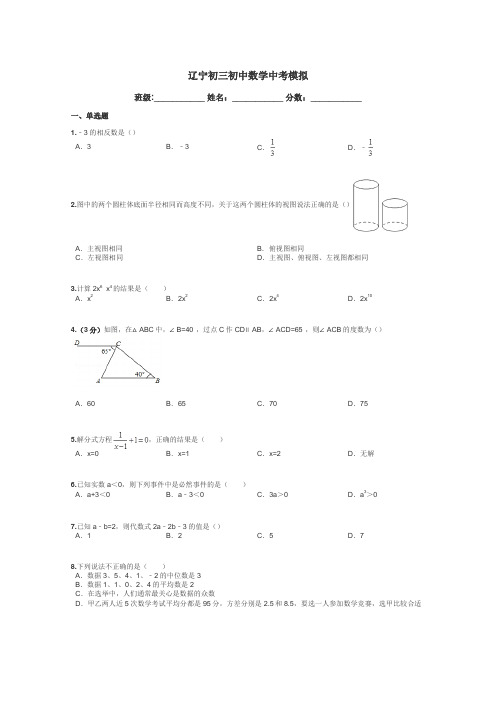 辽宁初三初中数学中考模拟带答案解析
