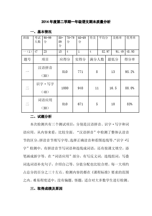 2014年度第二学期一年级语文期末质量分析