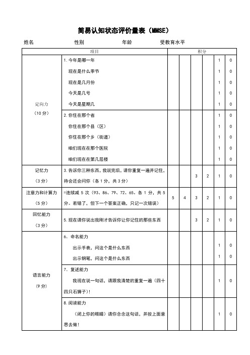 认知状态评价量表(MMSE量表)