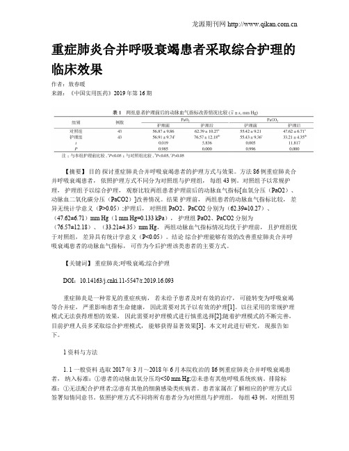 重症肺炎合并呼吸衰竭患者采取综合护理的临床效果