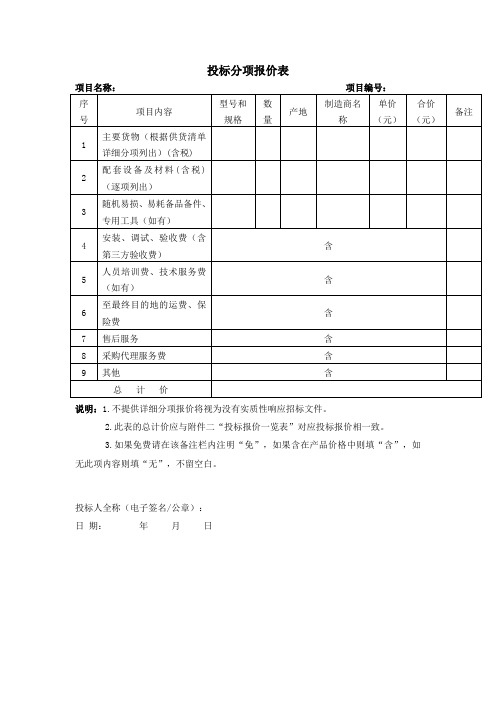 投标分项报价表