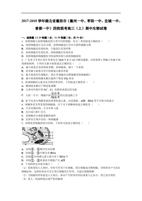 湖北省襄阳市四校联考2017-2018学年高三上学期期中生物试卷 Word版含解析