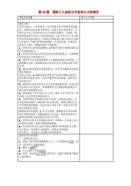 九年级历史上册  资产阶级统治的巩固扩大和国际工人运动 第18课 国际工人运动与马克思主义的诞生导学案