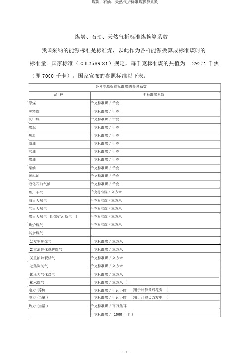 煤炭、石油、天然气折标准煤换算系数