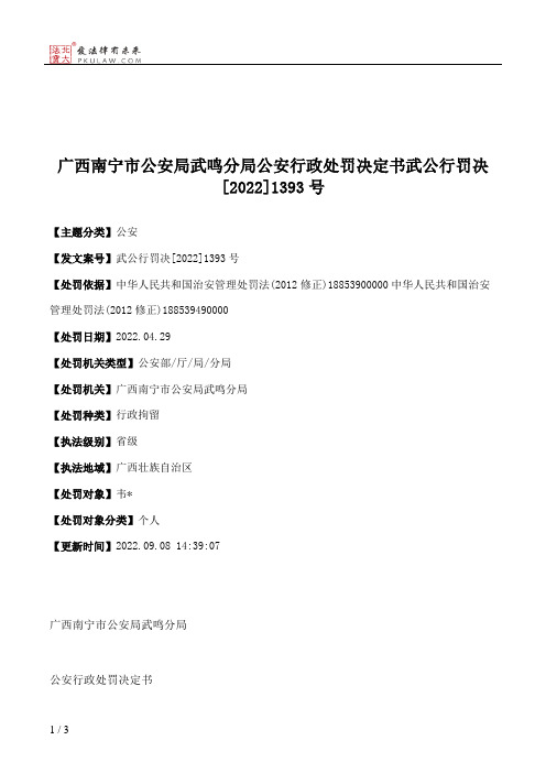 广西南宁市公安局武鸣分局公安行政处罚决定书武公行罚决[2022]1393号