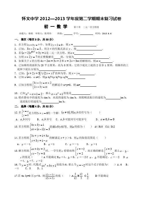 初一数学期末复习第十章  二元一次方程组复习试题