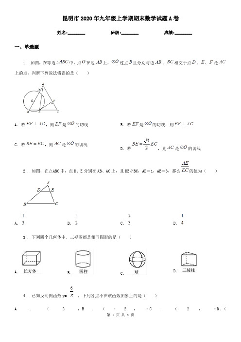 昆明市2020年九年级上学期期末数学试题A卷