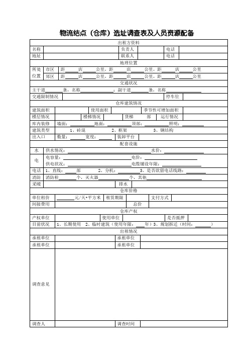 某公司物流结点(仓库)选址调查表及人员资源配备