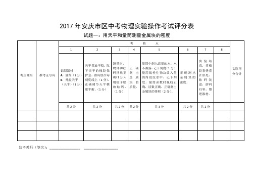2017年安庆市区中考物理实验操作考试评分表