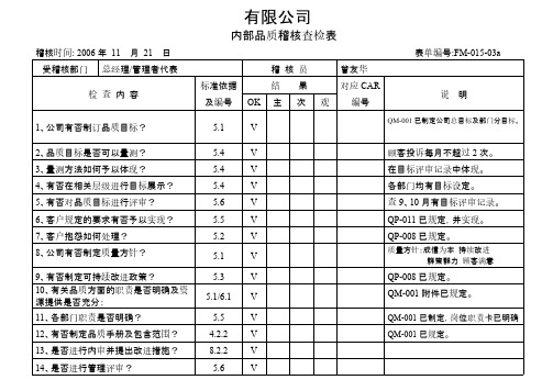 内部品质稽核查检表