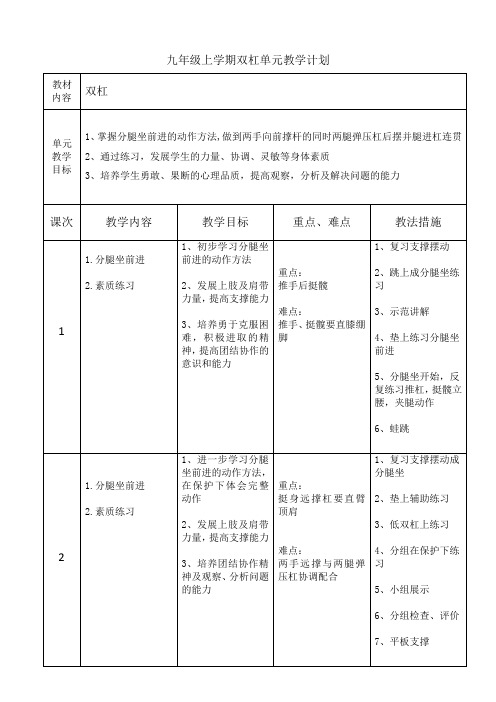 九年级上学期双杠单元教学计划