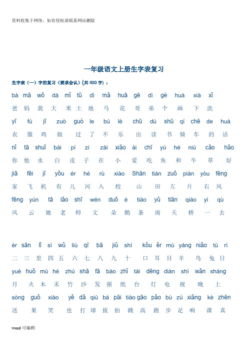 人教版小学一年级语文上册生字表(打印版)doc资料