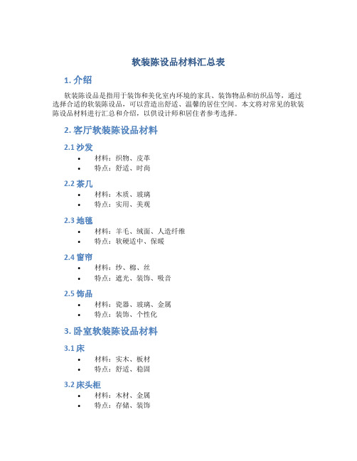 软装陈设品材料汇总表