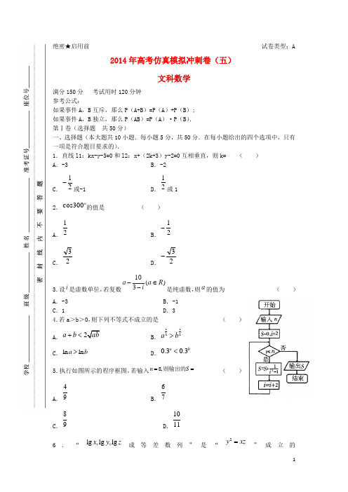 2014年高考数学仿真模拟冲刺卷5 文新人教A版