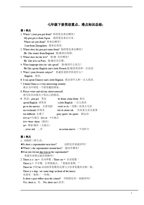 七年级英语Go for it!下册句型和短语、重难点总结