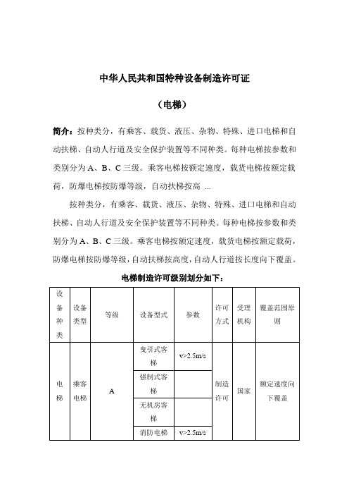 电梯制造许可级别划分