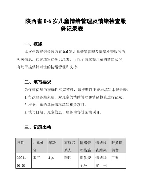 陕西省0-6岁儿童情绪管理及情绪检查服务记录表