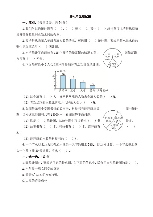 2019年人教版数学六年级上册《第七单扇形统计图》测试题(1)有答案