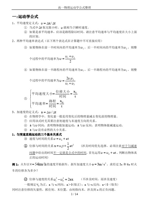 高一物理运动学公式整理