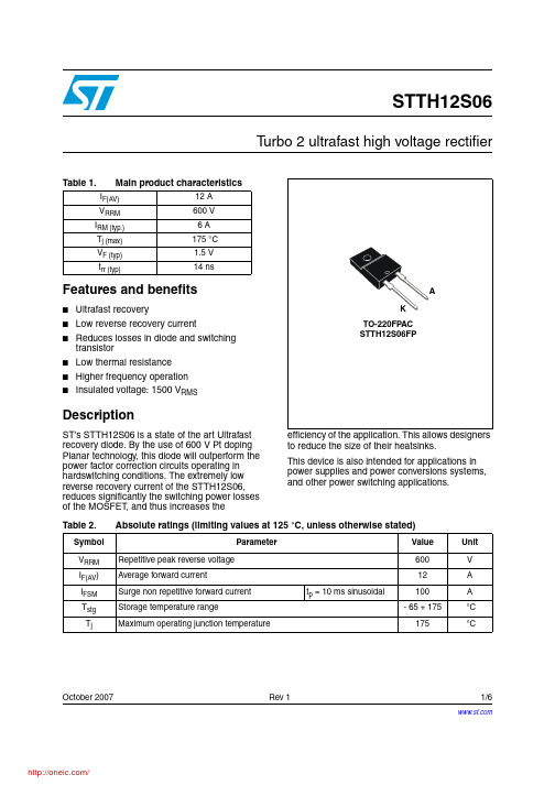 STTH12S06FP;中文规格书,Datasheet资料