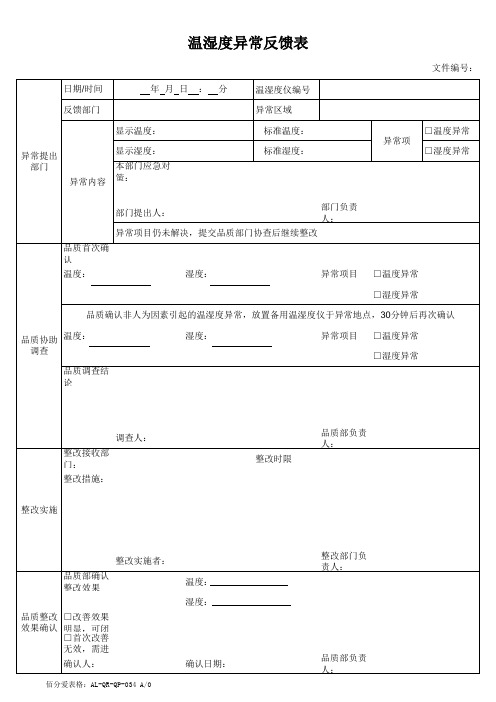 温湿度异常反馈表