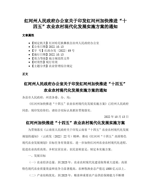 红河州人民政府办公室关于印发红河州加快推进“十四五”农业农村现代化发展实施方案的通知