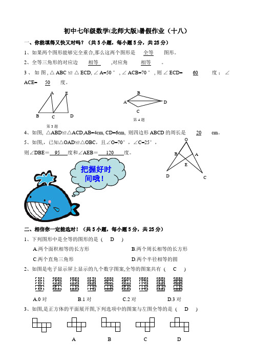 北师大版七年级下册数学暑假作业(十八)含答案