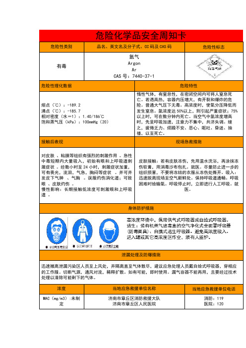 氩气、二氧化碳、氧气、丙烷安全周知卡(危化品)