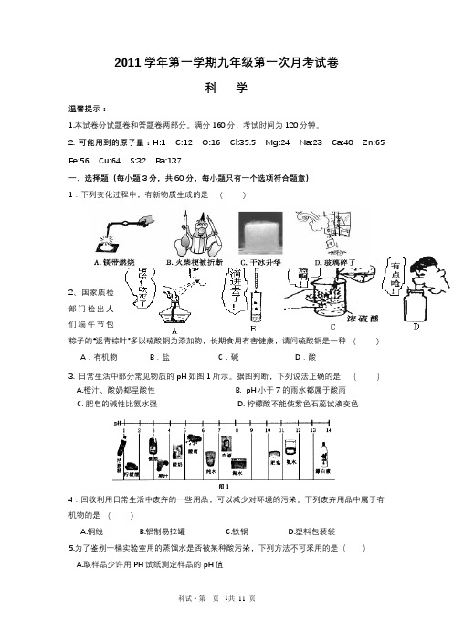 2011学年九年级科学第一次月测试