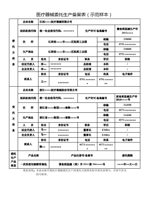 医疗器械委托生产备案表(示范样本)