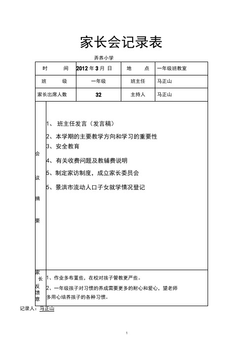 (完整word版)家长会记录表