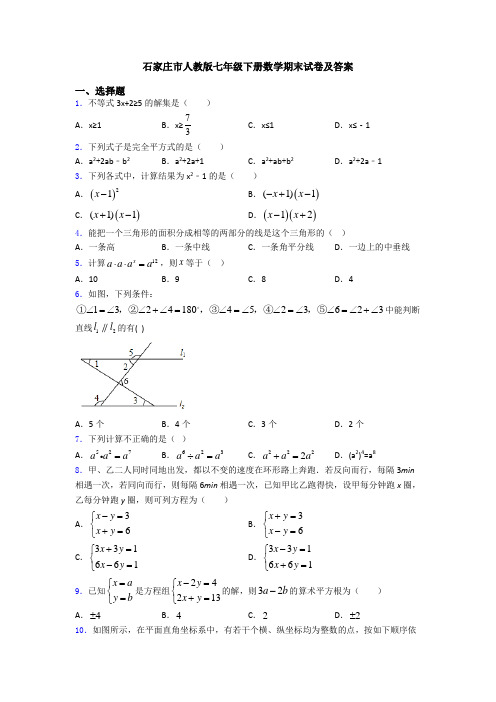 石家庄市人教版七年级下册数学期末试卷及答案