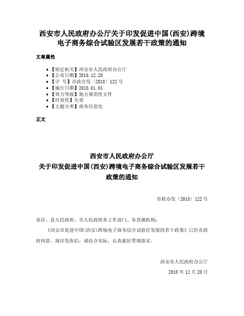 西安市人民政府办公厅关于印发促进中国(西安)跨境电子商务综合试验区发展若干政策的通知