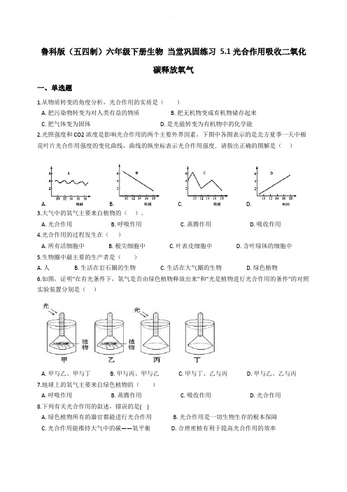 鲁科版(五四制)六年级下册生物 当堂巩固练习 5.1光合作用吸收二氧化碳释放氧气含答案