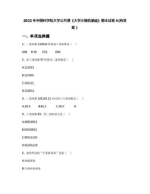 2022年中国科学院大学公共课《大学计算机基础》期末试卷A(有答案)