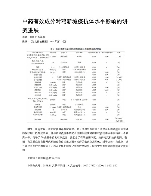 中药有效成分对鸡新城疫抗体水平影响的研究进展