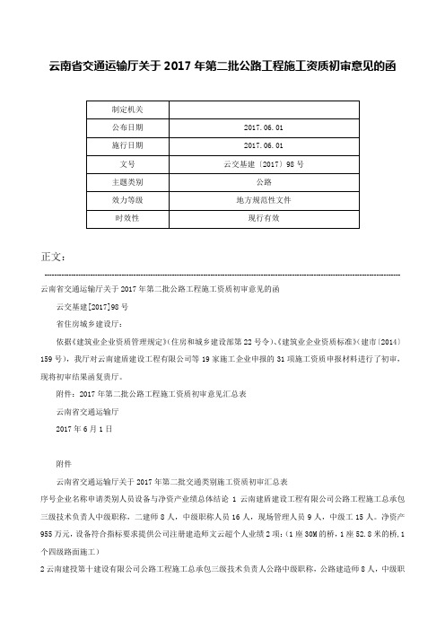 云南省交通运输厅关于2017年第二批公路工程施工资质初审意见的函-云交基建〔2017〕98号