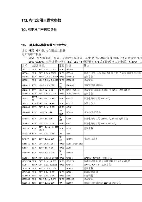 TCL彩电常用三极管参数