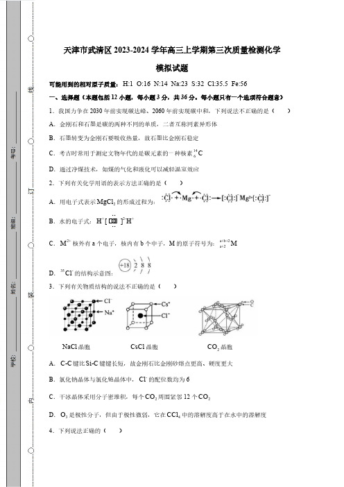 天津市武清区2023_2024学年高三第一学期第三次质量检测化学质量检测模拟试题(有答案)