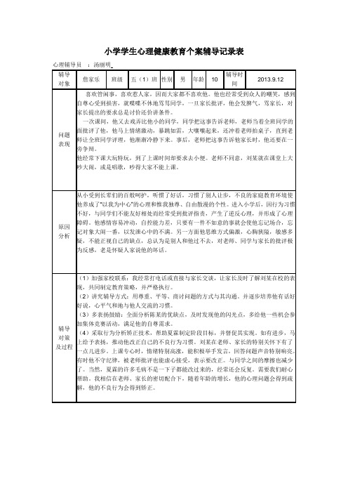 市府小学学生心理健康教育个案辅导记录表