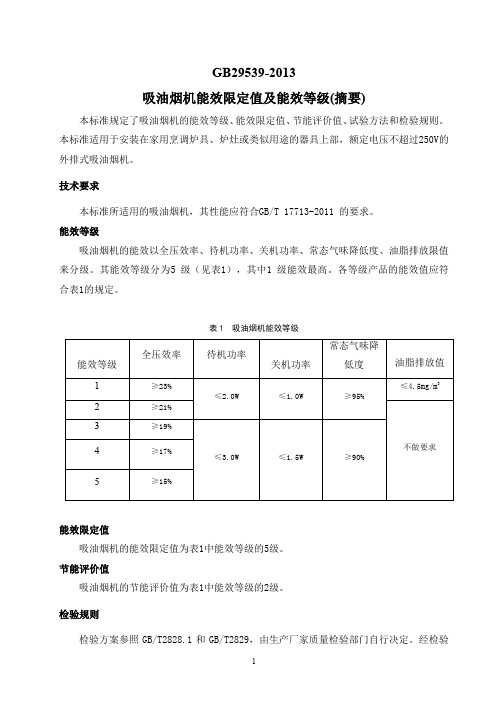 吸油烟机能效限定值及能效等级(摘要)