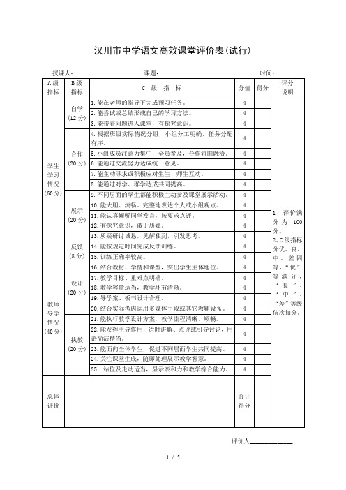 高效课堂评份量表